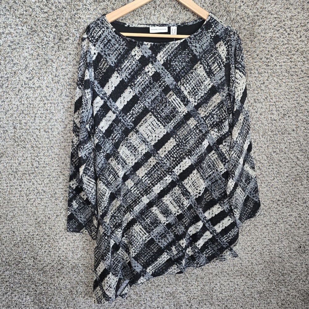 Susan Graver Top Womens Plus 1X Black Silver Scoop Neck Knit Tunic Metallic